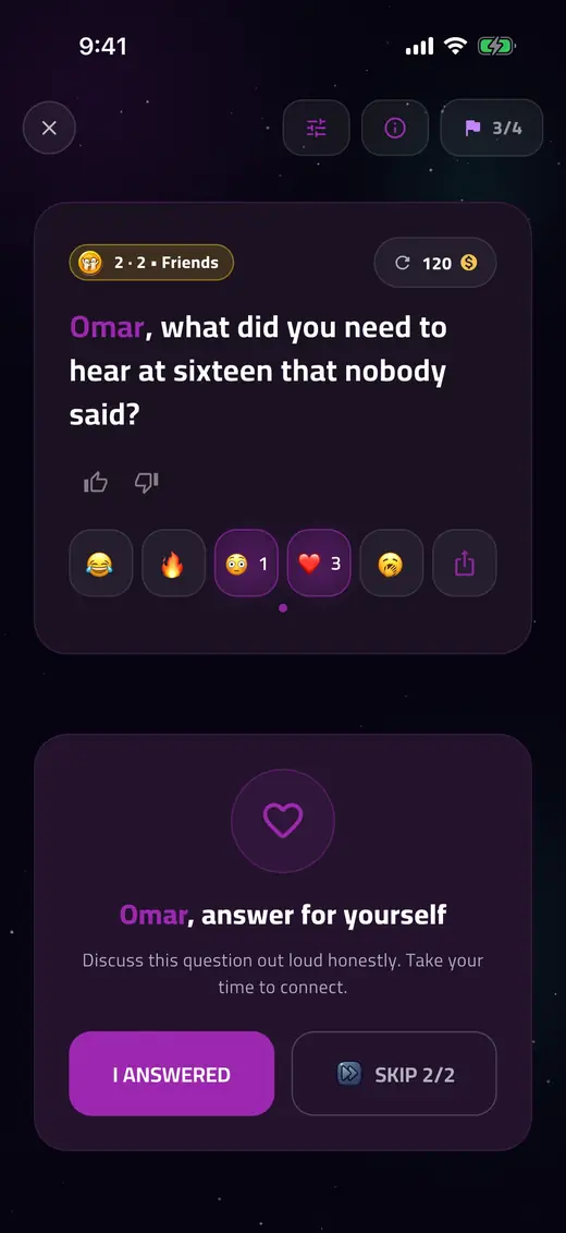 The Deep Questions screen in DareZone