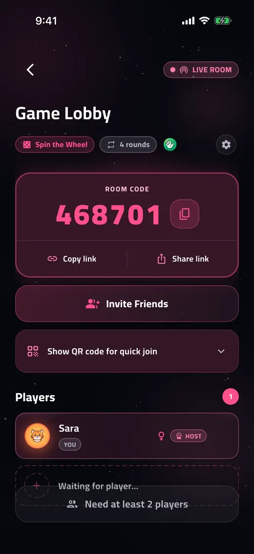 The room screen with its code in DareZone