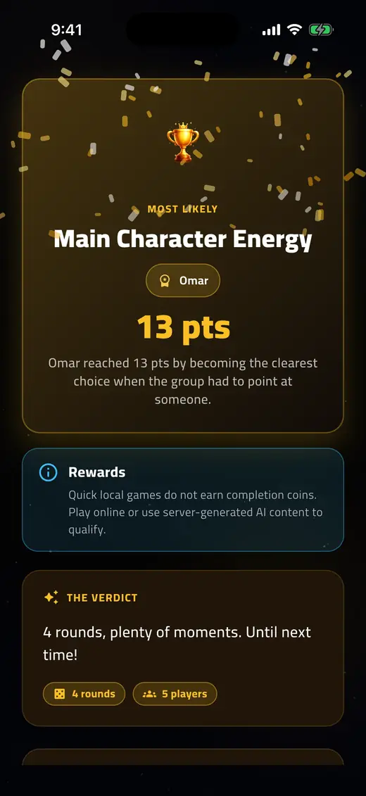 The results and awards screen in DareZone