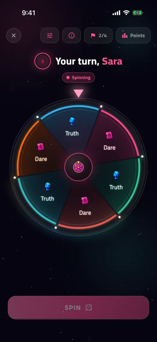 The Spin the Wheel screen in DareZone